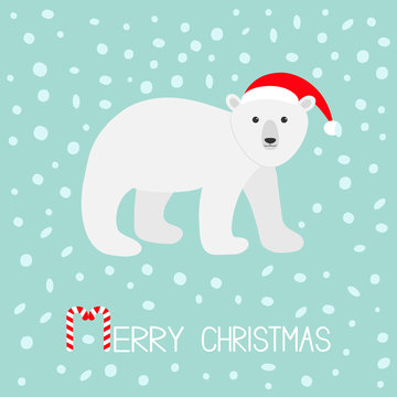 Arctic polar bear cub. Red Santa hat. Cute cartoon baby character. Merry Christmas greeting card. Candy cane stick text. Flat design. Blue snow flake background