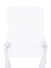 Hands holding big blank paper sign, background for text