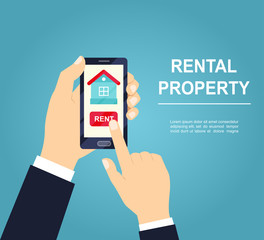 Hand hold smartphone. Rent apartments. Vector flat illustration