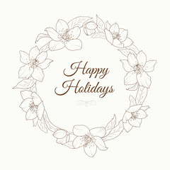 Christmas winter rose hellebore flowers wreath laurel template. Happy holidays text placeholder. Brown outline on beige background. Detailed vector design illustration.