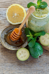 Pureed with lemon, honey and feijoa fruit closeup.