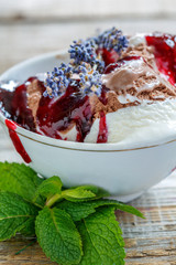 Cup with chocolate and lavender ice cream.