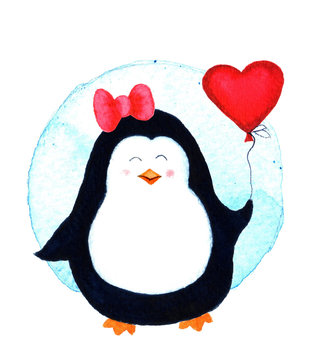 Pretty beautiful penguin for babies and little kids. Watercolor illustration isolated on white background