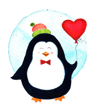 Cute penguin holding a big heart balloons for Valentines dayCartoon babies and little kids. Watercolor illustration isolated on white background