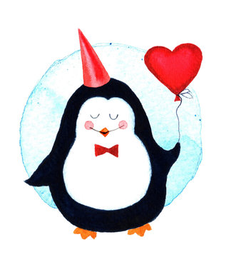 Cute penguin holding a big heart balloons for Valentines dayCartoon   babies and little kids. Watercolor illustration isolated on white background