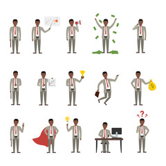 Isolated businessman set. Funny handsome african american businessman in suit in different poses on white background.