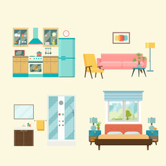 Set of interior design room . Living room, bedroom, kitchen and bathroom. Vector flat illustration