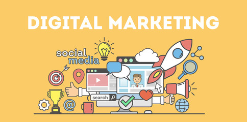 Digital marketing concept. Social network and media communication. SEO, SEM and promotion.