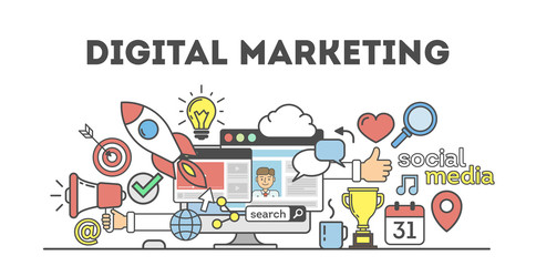 Fototapeta na wymiar Digital marketing concept. Social network and media communication. SEO, SEM and promotion.