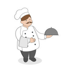 Chef with meal standing on white background. Restaurant worker.