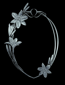 Silver frame with lilies flowers on black background. Greeting card. 