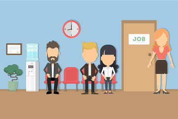 Waiting for a job. People seat in the queue waiting for job interview. Candidates.