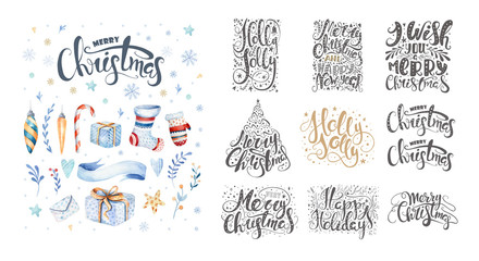 Fototapeta premium Merry christmas lettering over with snowflakes. Hand drawn text,
