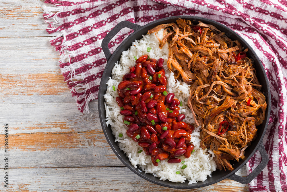 Canvas Prints pulled slow-cooked  meat with rice and savory Baked Beans