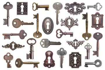 Set of old keys and keyholes isolated on white background