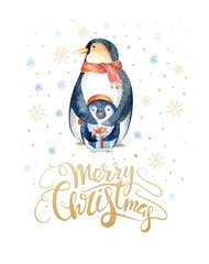  Merry Christmas  lettering with watercolour fun pinguin.
