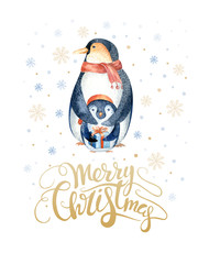 Fototapeta premium Merry Christmas lettering with watercolour fun pinguin.