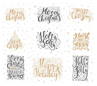 Merry christmas lettering overlays with snowflakes. Hand drawn