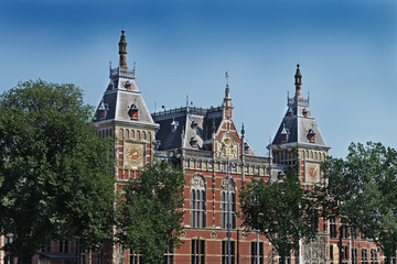 Brown castle on a background of blue sky in Amsterdam