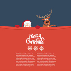 Happy Christmas reindeer and Santa cartoon characters behind a billboard