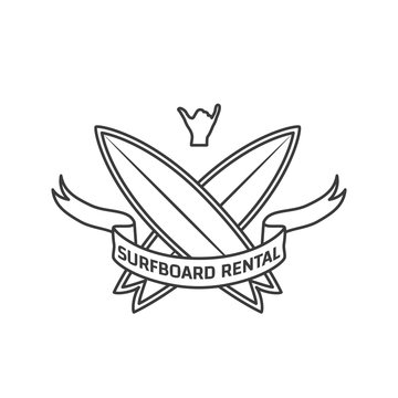 Surfboard rental logo design. Surfing logotype vector illustration. Retro style