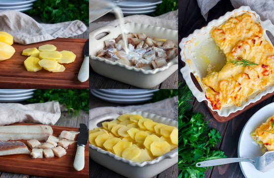 Collage step cooking potato gratins fish