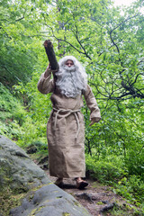 The bearded monk carries log. The old hermit working in a forest.