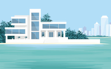 Abstract image of a large, beautiful country house on a background of a modern metropolis. Luxury Villa on the seafront, surrounded by palm trees. Vector background.
