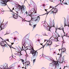 Background branch with pink cherry flowers. Seamless pattern. watercolor illustration.