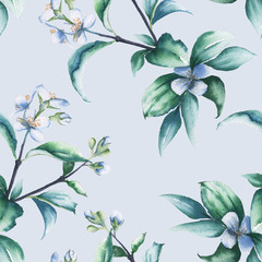 Background with branch of white Jasmine. Seamless pattern. watercolor illustration.