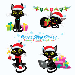 Set Of Christmas Cats Vector. Cartoon Cats With Holiday Gifts. Design For New Year Theme. Cute Black Cats In Christmas Costumes. Christmas Cats.