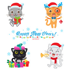 Set Of Cute Little Cats Cartoon Vector Collection. Christmas Kittens Vector. Cat In Christmas Costumes. Design For New Year Holiday Theme.