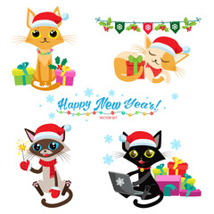 Set Of Christmas Cats Vector. Cartoon Cats With Holiday Gifts. Design For New Year Theme. Cute Cats In Christmas Costumes. Cat Christmas Game.
