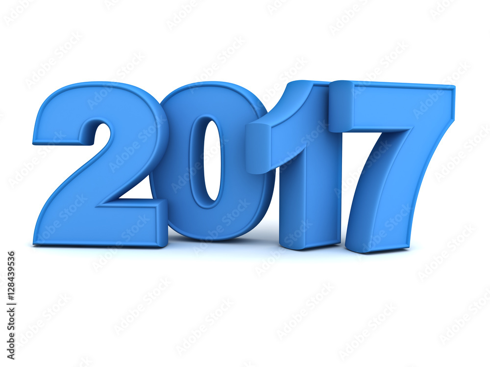 Aufkleber Happy new year 2017 3D blue text isolated over white background with reflection and shadow 3D rendering