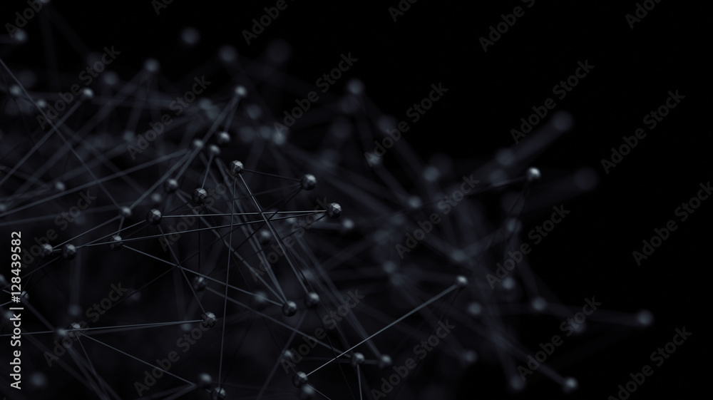 Poster abstract 3d rendering of chaotic structure. plexus background with lines and polygonal spheres in em