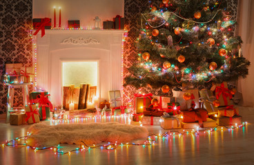 Christmas room interior design, decorated tree in garland lights