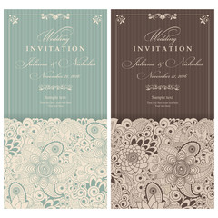 Set of 2 Wedding Invitation. Greeting Card with Flowers in a folk style