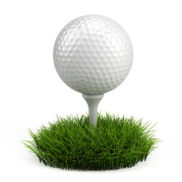 Golf ball on white tee and green grass isolated on white. 3d render