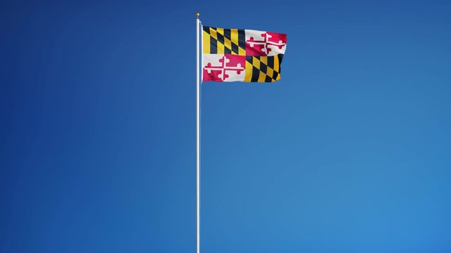 Maryland (U.S. state) flag waving in slow motion against blue sky, seamlessly looped, long shot isolated on alpha channel with black and white matte, perfect for film, news, composition