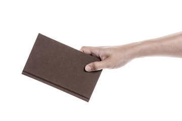 Two hands hold a empty(blank) book spread isolated white.