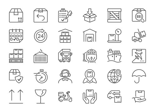 delivery and logistics thin line icons