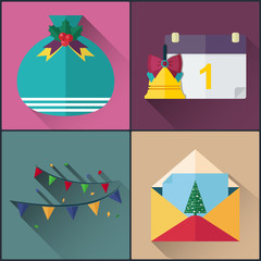 new year icon pack included calendar, santa claus bag, greetings card and garland. flat design style with long shadow