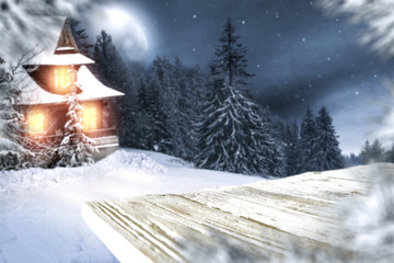 Naklejka premium winter desk and night landscape 