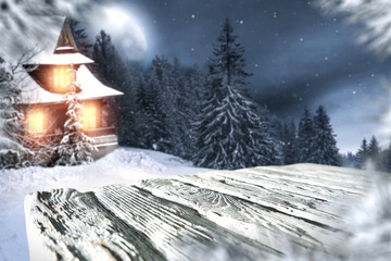 Fototapeta na wymiar winter desk and night landscape 