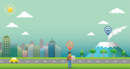 Fototapeta premium City with GPS navigation. Travel and destination. Background with traveler, mountain, road, car, cityscape, sun, sky and cloud. Environment concept for journey.