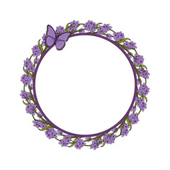 Round frame with lavender flowers and butterfly.