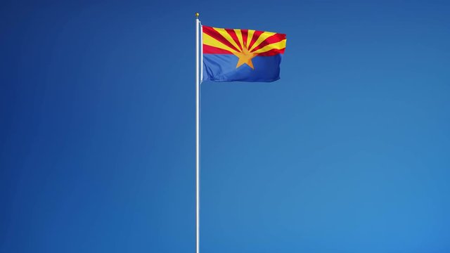 Arizona (U.S. state) flag waving in slow motion against blue sky, seamlessly looped, long shot isolated on alpha channel with black and white matte, perfect for film, news, composition