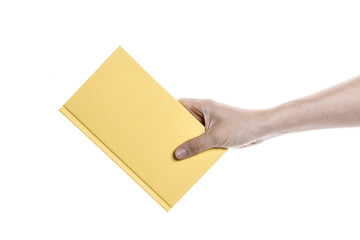 A man(male) write a empty(blank, vacant) paper isolated white.