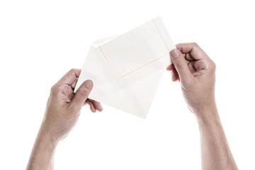 Fototapeta premium A man(male) hold a empty(blank, vacant) envelope isolated white.