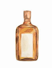 Watercolor alcohol bottle on white background
